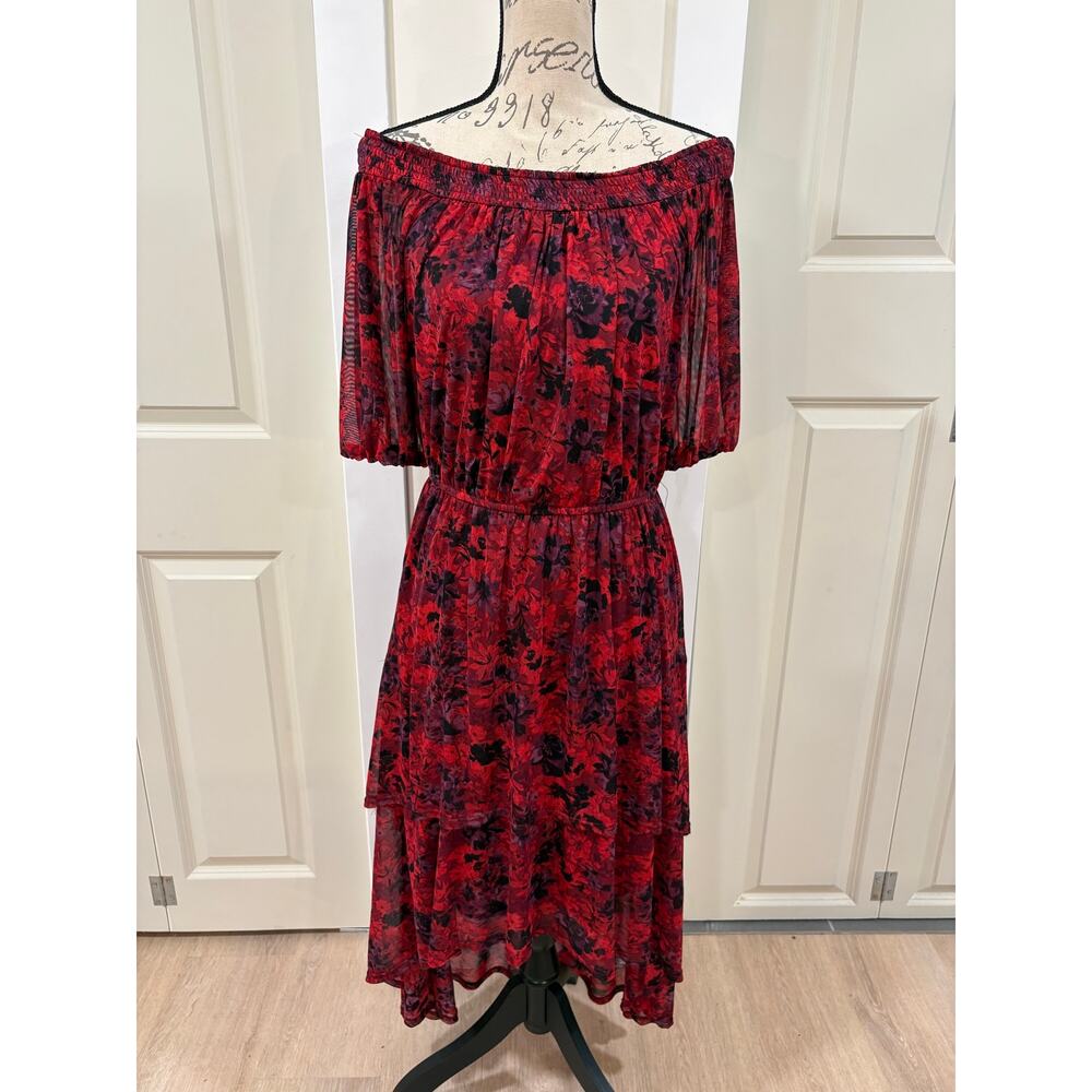 Harlow & Rose High Low Red Mesh Off Shoulder 3/4 Sleeve Dress Size Large